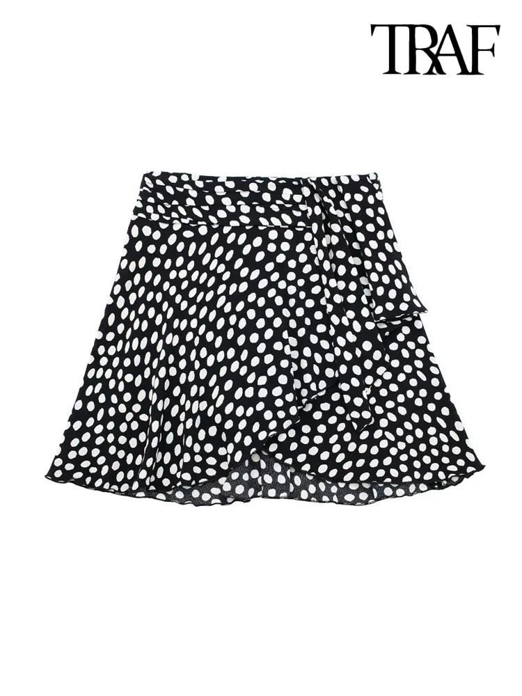 

TRAF Women Fashion With Pleats Polka Dot Mini Skirt Vintage High Waist Side Zipper Female Skirts Mujer