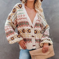 women knitted cardigan sweater autumn warm knitwear bohemia casual loose winter tops tribal pattern v neck button loose pullover