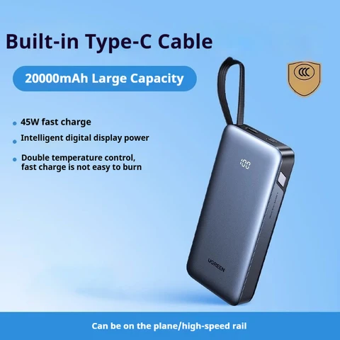 UGREEN 45 Вт Power Bank для быстрой зарядки, 20000 мАч, большая емкость, встроенный кабель C, цифровой дисплей, мобильный внешний аккумулятор, оригинальное зарядное устройство