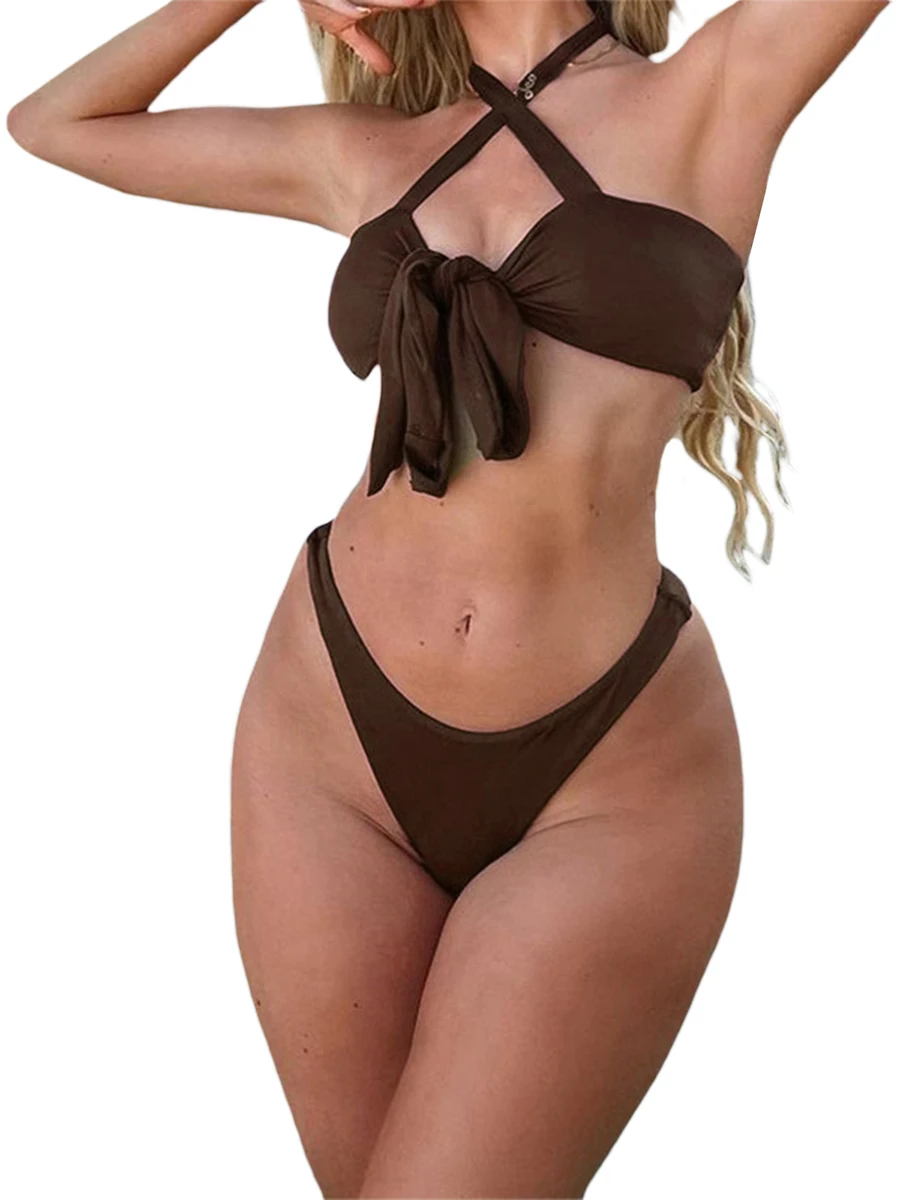 

SCEINRET Women Summer Bikini Set Sleeveless Hanging Neck Bow Vest Swimming Tops and Briefs Beachwear