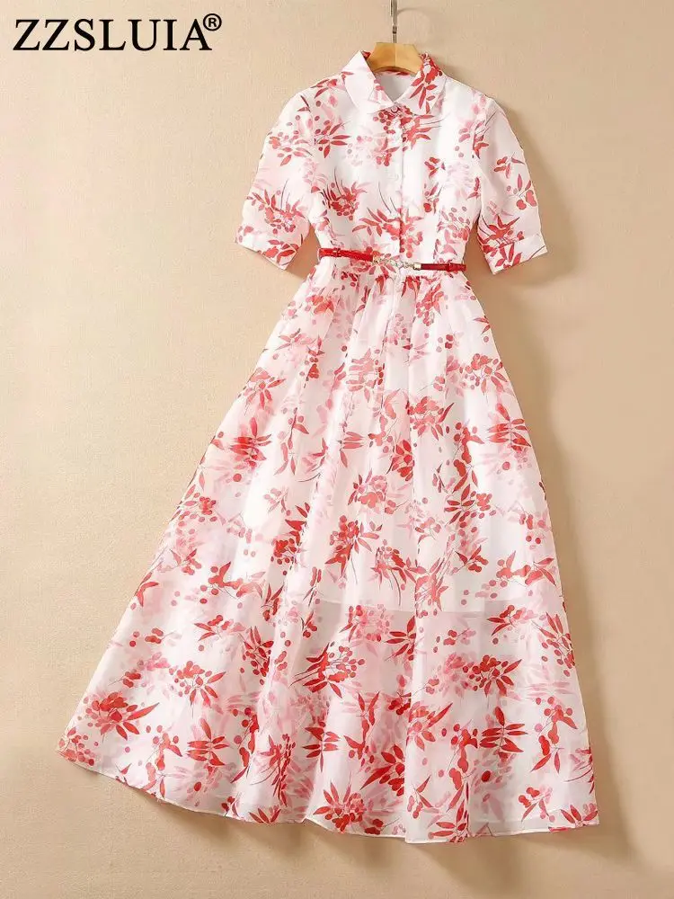 

ZZSLUIA Elegant Dresses For Women Printed Designer Peter Pan Collar Slim Vintage Long Dress Fashion Short Sleeve Summer Dresses