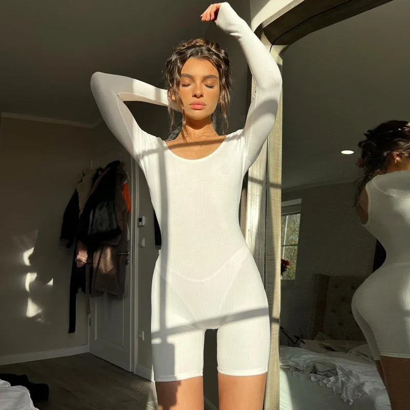 Solid Black Rompers Women's Jumpsuit High Waist Knit Slim Bodycon Playsuit Long Sleeve Sexy Backless Bodysuit Y2k Short Rompers