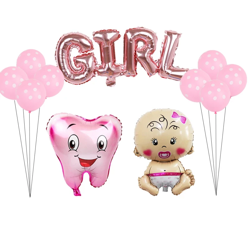 

12pcs/set Large Pink Blue Tooth Foil Balloons Baby Boy Girl Tooth Theme Party Air Inflatable Globos Birthday Party Decor Balls