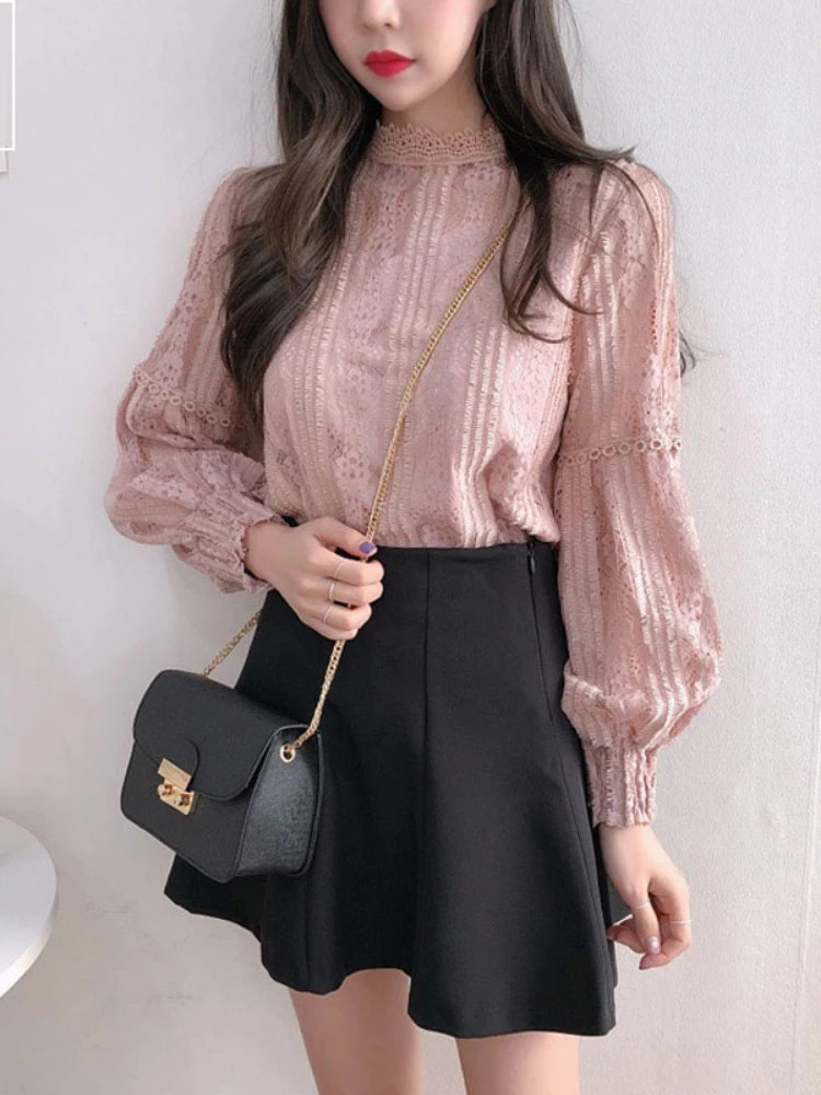

Fall Autumn Basic Shirts Blouses Lantern sleeve Woman Japan Korea Style Temperament Lady Hollow Out Lace Vintage Top Pink 8104