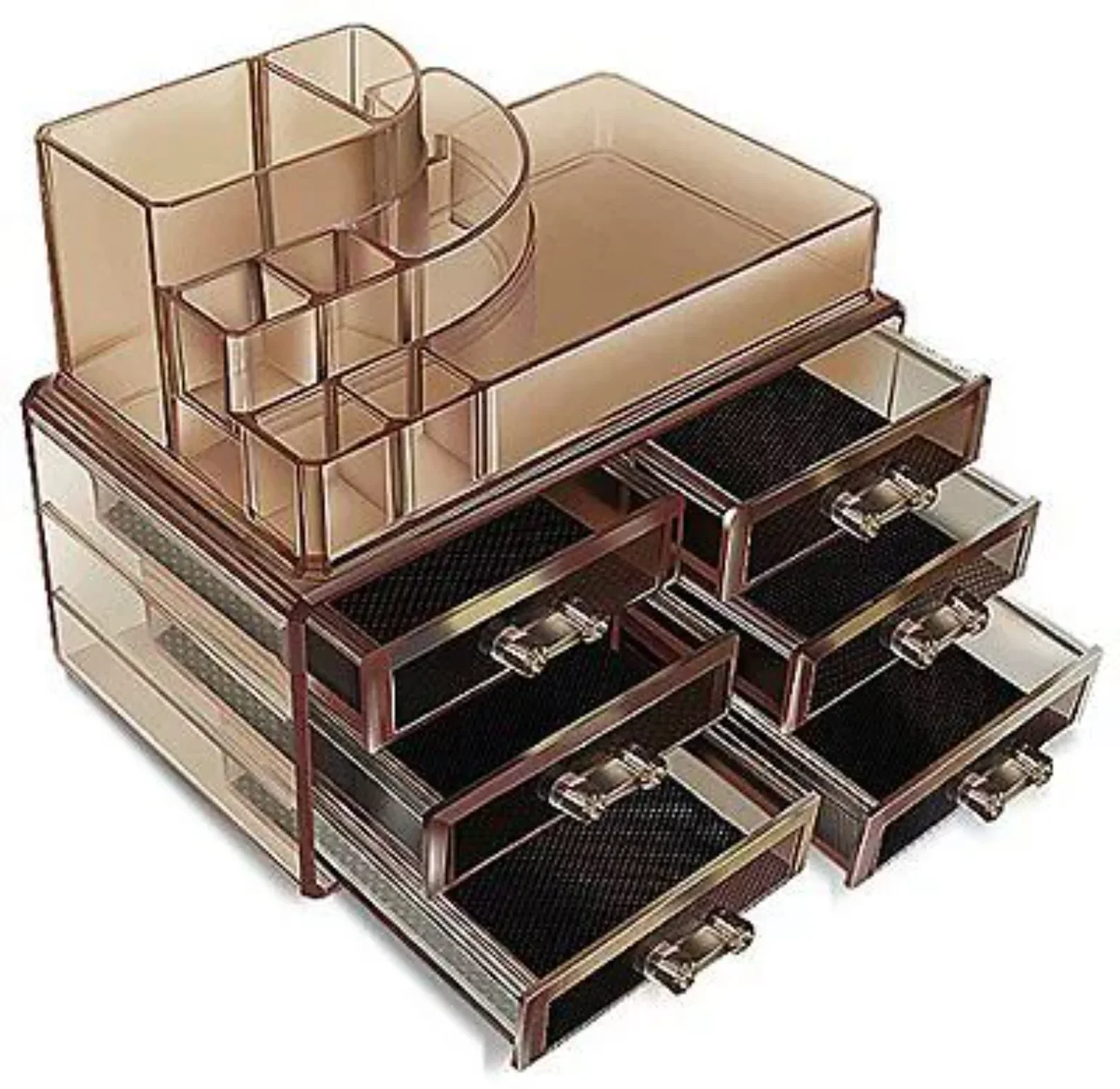 

Acrylic Cosmetics Organizer Brown Dark Colored Makeup Box Multi Function with Drawers makeup organizer box