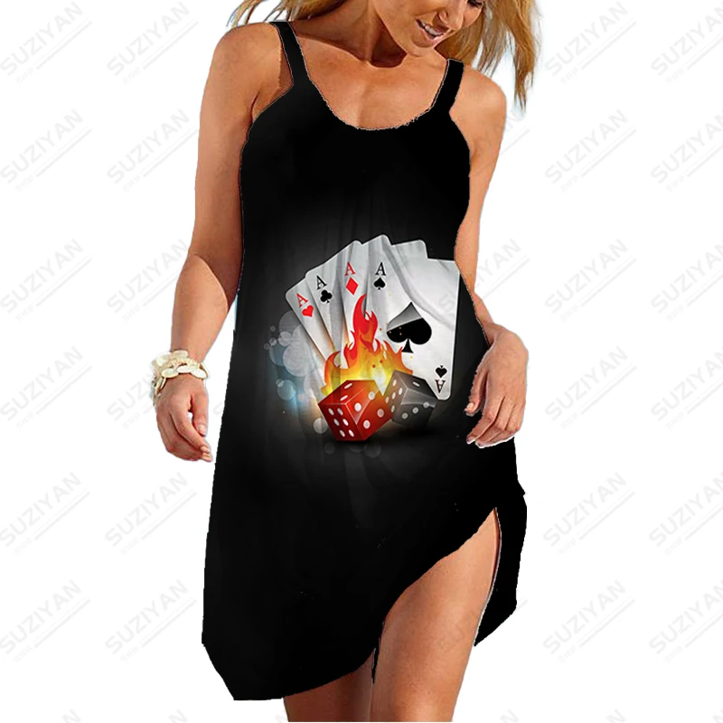 

Модное женское летнее платье на бретельках, платье с 3D принтом в виде покера, повседневное свободное платье на бретельках, праздничное платье для путешествий, платье большого размера для девушек