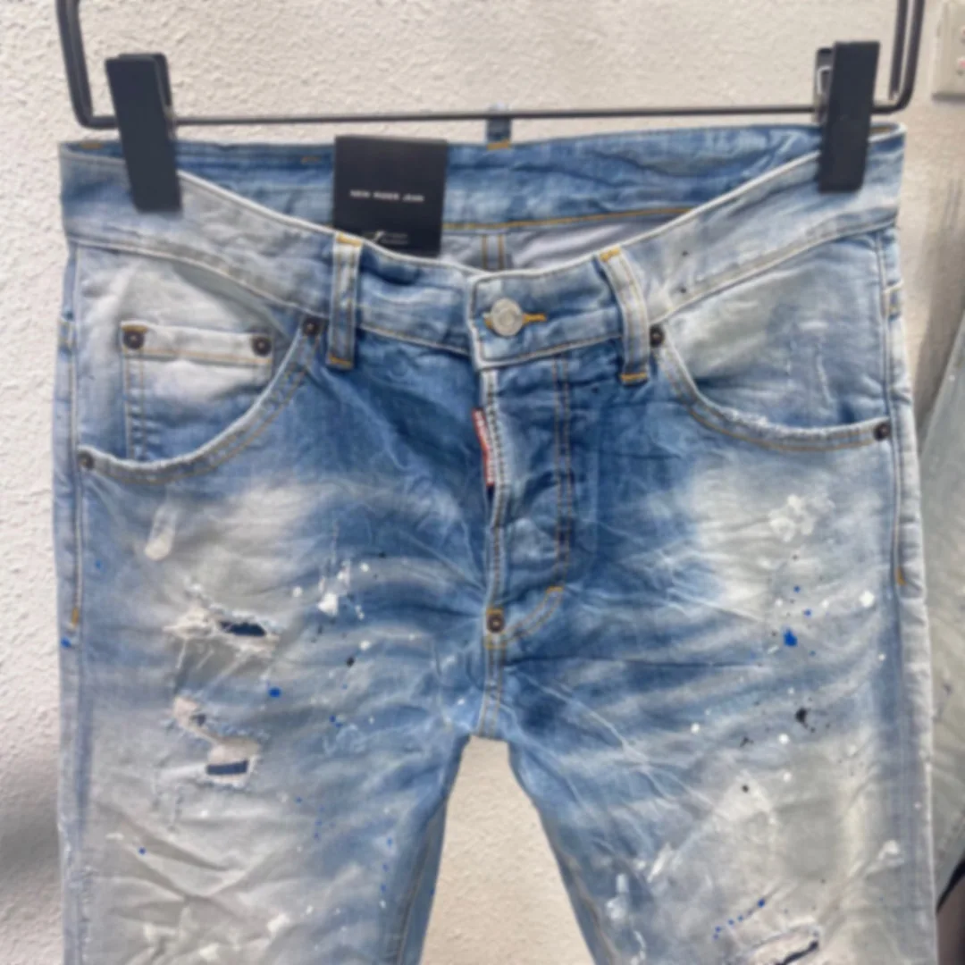 Spring/Summer 2023 New Fashion Men's Blue Speckle Jeans Fashion Wash Slightly Elastic Simple Versatile Slim-fit pants