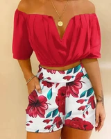 floral print shorts set 2022 summer new fashion sexy off shoulder ruched crop top vintage printing boho two piece sets