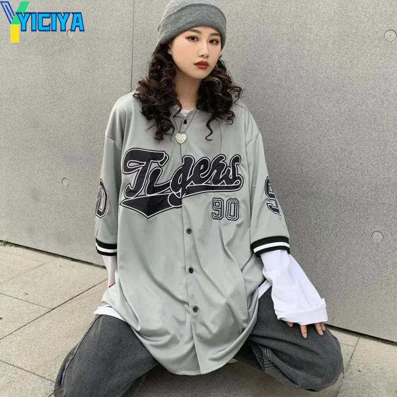 YICIYA T Shirt  Baseball Short Sleeve Shirt Letter Print Crop Top Women White Tshirt Unisex Hip Hop Y2k Clothes Tee Shirts Met