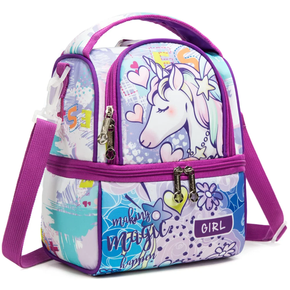 Gsequins High Capacity Double Layer Insulated Lunch Bag for Boys and Girls with Adjustable Strap Mermaid Sequins Lunch Box Bag