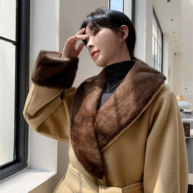 

Женское длинное кашемировое пальто, роскошное шерстяное пальто-Тренч с большим воротником из меха норки и манжетами, зима 2022