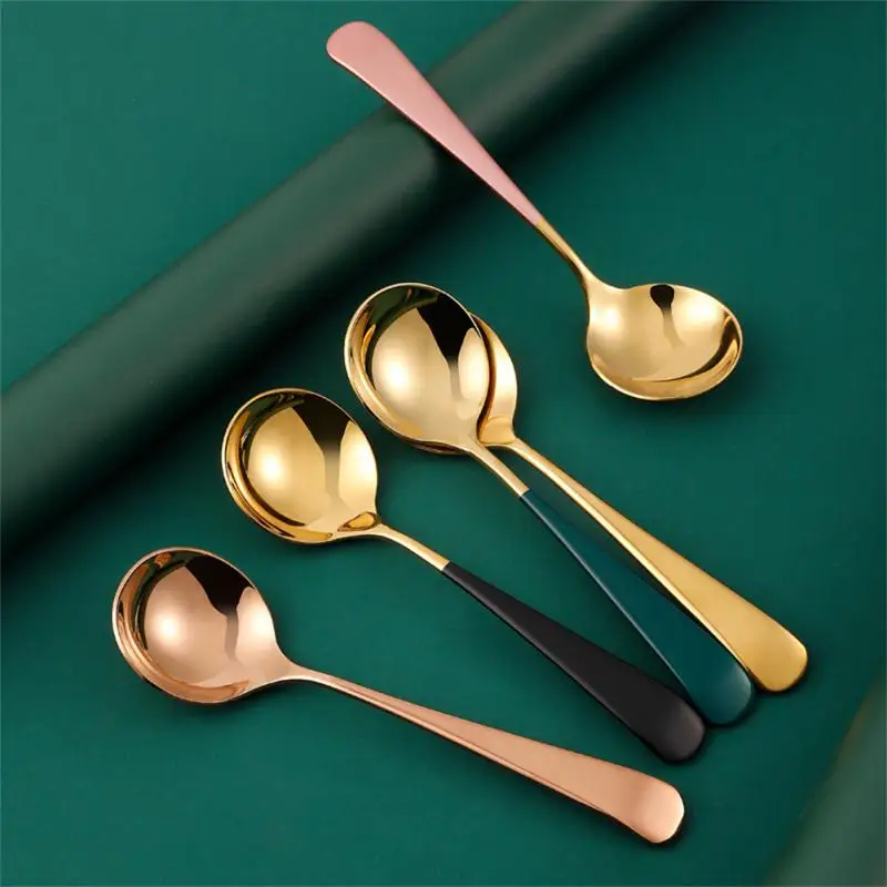 

Stainless Steel Round Spoon Household Dessert Soup Kitchen Tableware Metal Frosted Handle SpoonsTableware