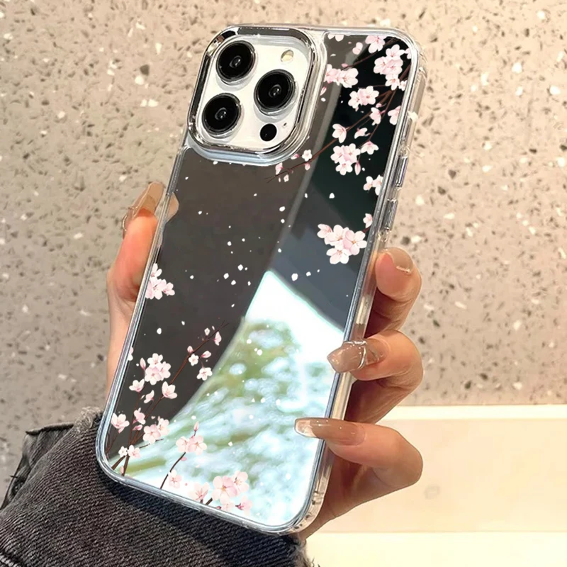 Фото Розовый чехол-зеркало с узором вишневого цвета для iPhone 11 12 13 14 15 Pro Max 16 Plus 17 Pro Max 16E – модная задняя крышка с зеркалом для макияжа №4
