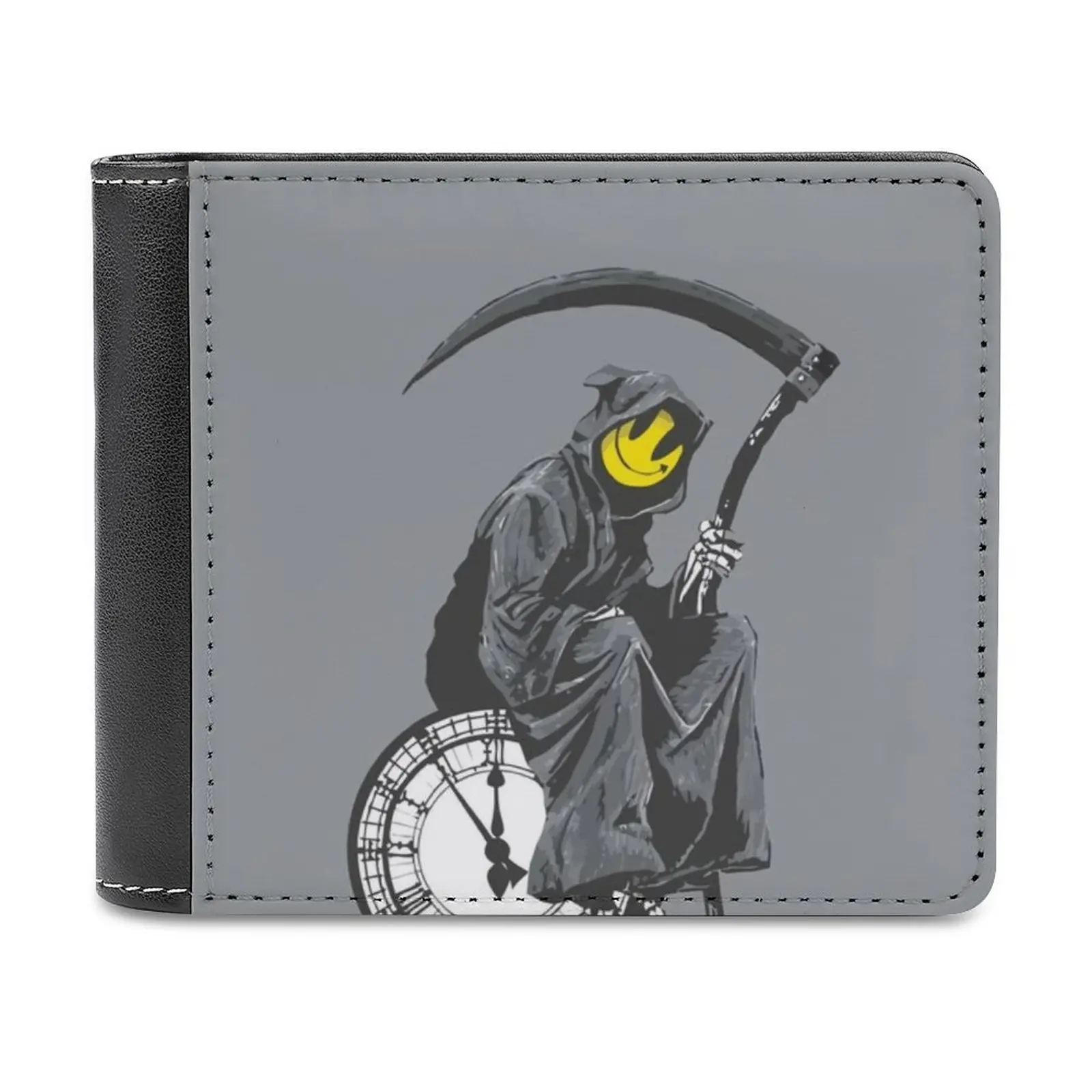 

Banksy Grim Reaper Clock Leather Wallet Men Classic Black Purse Credit Card Holder Fashion Men's Wallet Street Art Graffiti