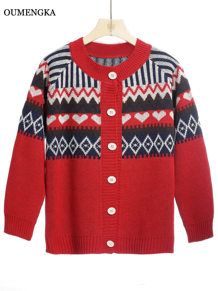 

OUMENGKA Women's O-Neck Jacquard Knitted Sweater Autumn Winter Buttons-Up Loose Single-breasted Casual Knit Kimono Cardigan