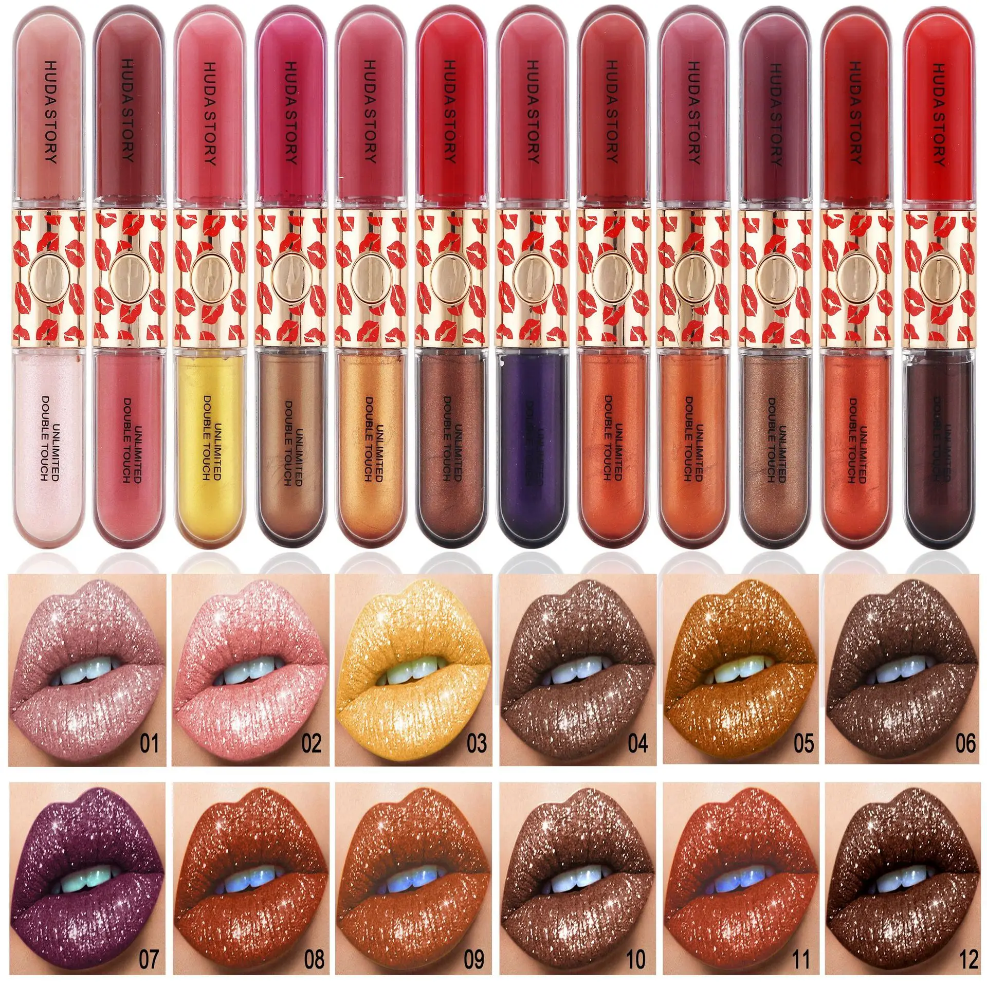 

HUDASTORY Pearlescent Lip Gloss Double Head Non Stain Cup Lip Glaze Lipstick Batom Magico 24 Horas Set Free Shipping