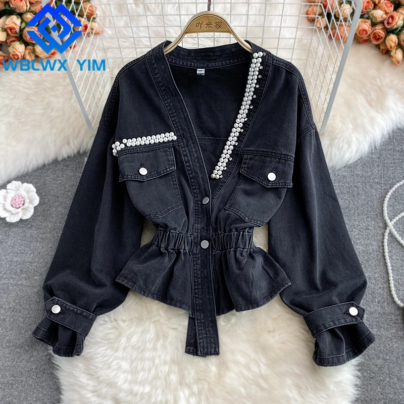 

Женская джинсовая куртка с V-образным вырезом, длинным рукавом и карманами