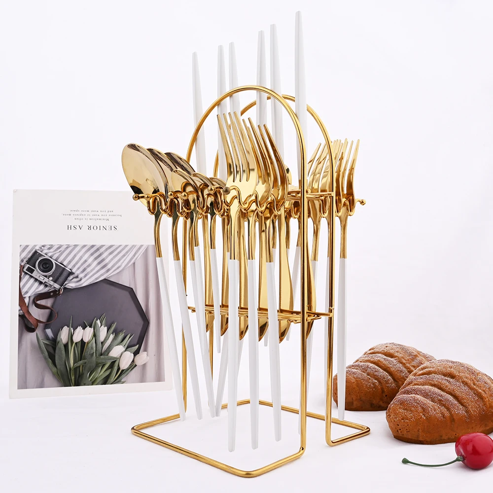 

White Gold 24Pcs Western Dinnerware Stainless Steel Cutlery Set Flatware Knife Fork Spoon Tableware Set With Luxury Storage Rack