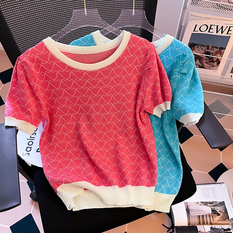 

Summer Fashion Striped Knitted Sweater For Women Korean Style Short Sleeve Round Casual Pullover Knitting Jumpers Knitwear