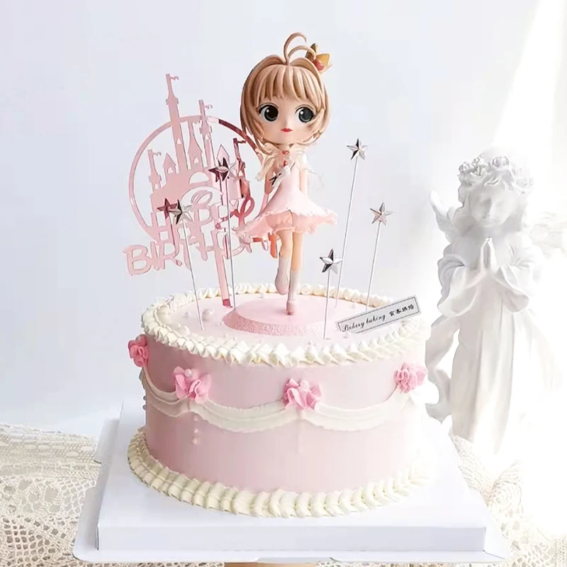 

Милая розовая Сакура, топперы для торта для девушек, аниме-карточка, накидка, экшн-фигурки, игрушки для девочек, модель из ПВХ, украшение для ...