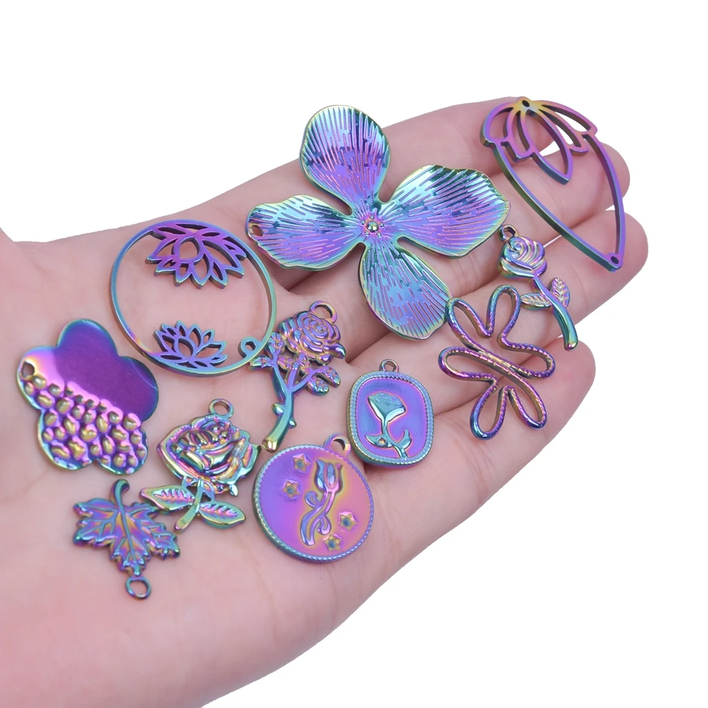 

5pcs/Lot Never Fade Rainbow Color Plant Charm Pendants For Jewelry Making Supplies Lotus Flower Bulk Charms DIY Yoga Accessories