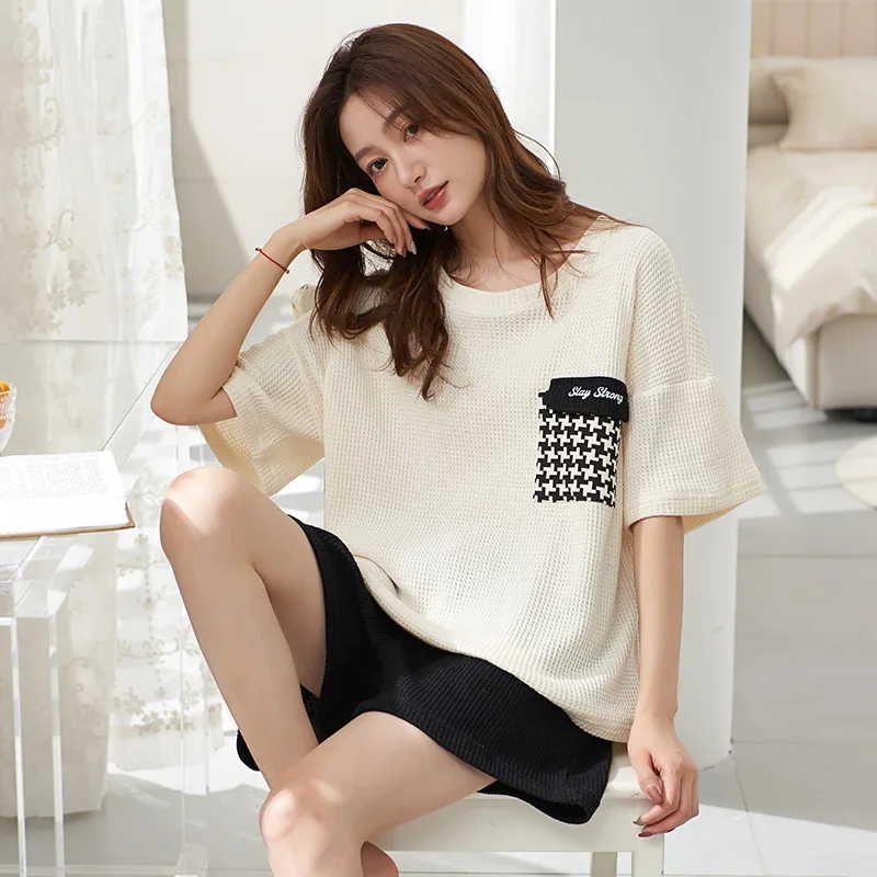 Cotton Women Pajamas Sets Striped Pyjamas Female Pocket Loungewear Pijamas Short Sleeve Top Shorts Suit Sleepwear Nightwear