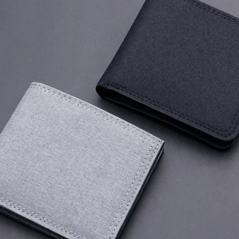 Men'S Short Horizontal Square Canvas Solid Color Buckle Wallet Denim New Unmarked Sewing Thread Ultra Thin Card Holder New