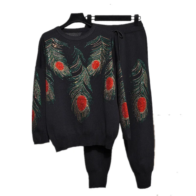 Autumnr New Fashion Drill Feather Suit Women Long Sleeve Thin Knitwear Tops + Casual Pants Two-Piece Set Ladies Outfits H2635