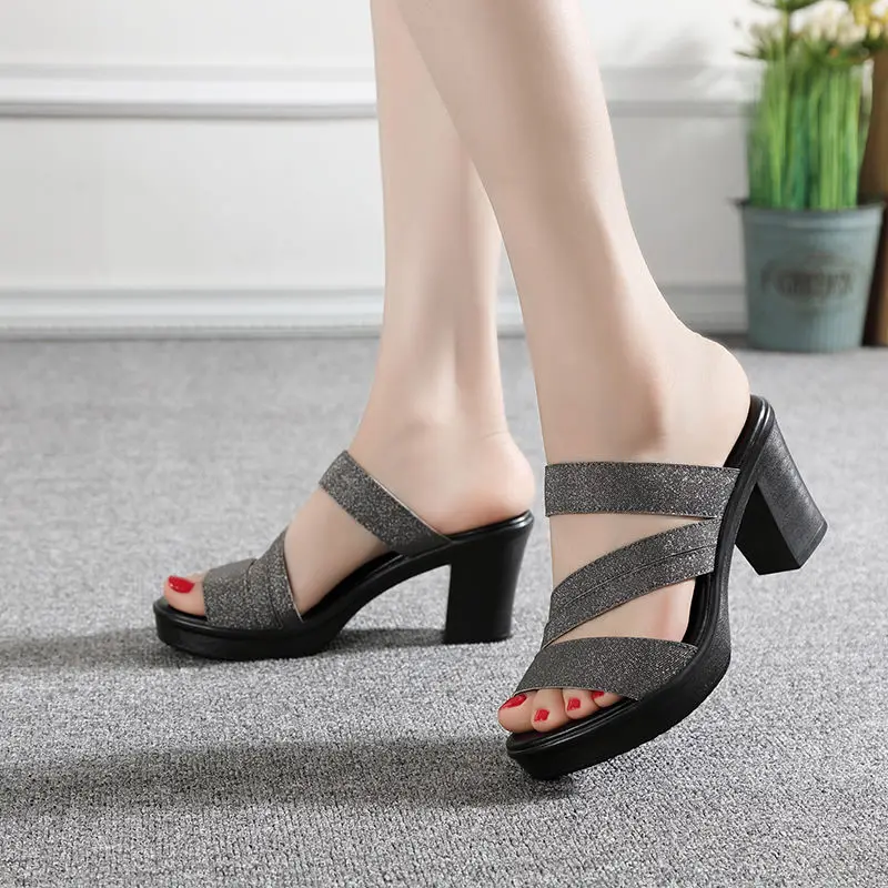 High-heeled Women's Slippers Summer Thick Heels Bright Skin Fish Mouth All-match Casual Shoes Luxury Woman Sandals