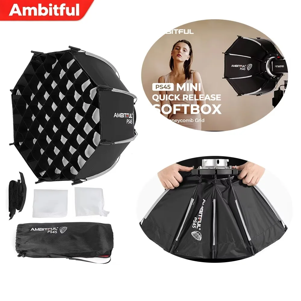 Фото Мини-софтбокс Ambitful PS45 SE 45 см с быстросъемным креплением Bowens и сотоподобной решеткой для наружного использования, для светодиодной вспышки SL60II. №2