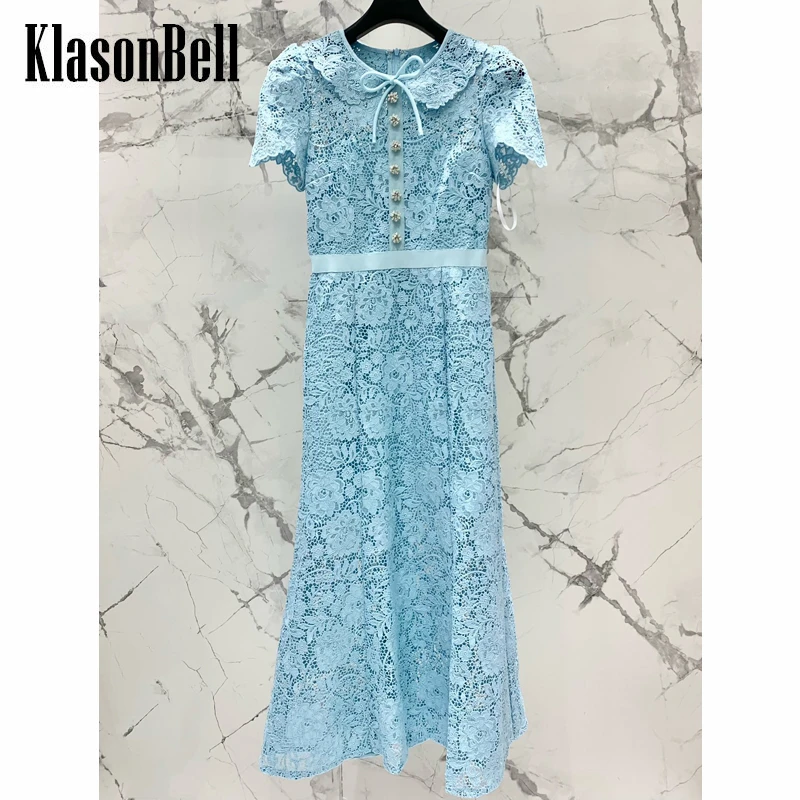 

6.30 KlasonBell Temperament Lace Hollow Out Embroidery Peter Pan Collar Short Sleeve Collect Waist Midi Dress