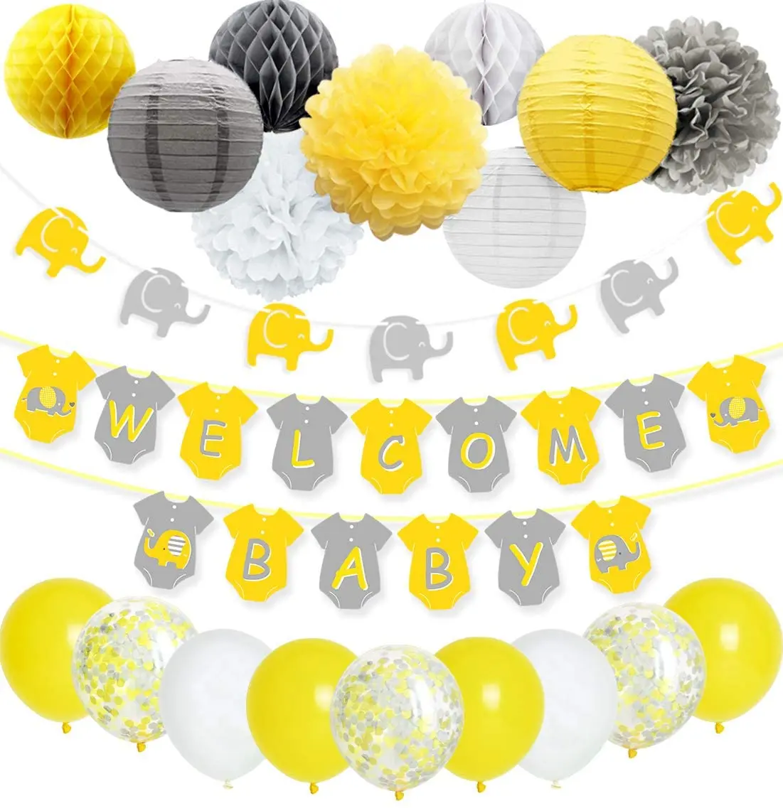 JOYMEMO Yellow Grey Elephant Baby Shower Decorations for Boy or Girl, Welcome Baby Banner Elephant Garland Confetti Balloons