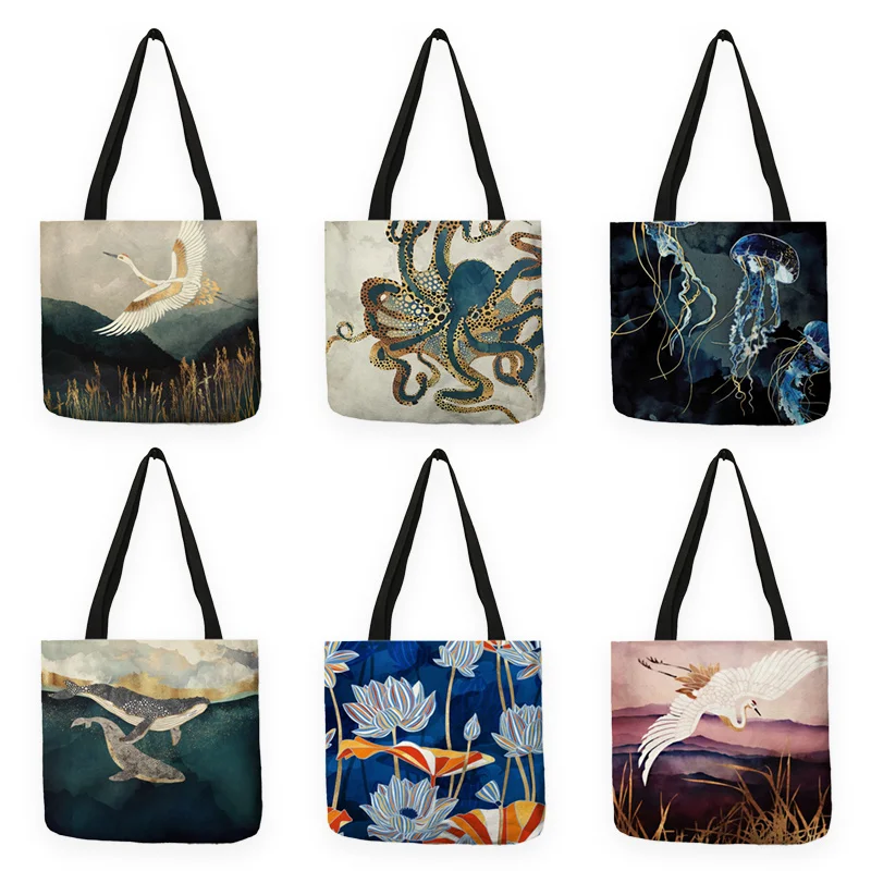 

Japanese Ukiyoe Design Causal Women Handbag Crane Designer Tote Bag Eco Reusable Shoulder Shopping Bags For Groceries DB0046