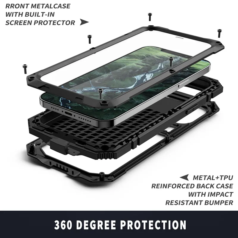 

Full-Body Rugged Armor Shockproof Glass Protective Case for iPhone 11 12 13 Pro Max Mini XS Max Kickstand Aluminum Metal Cover