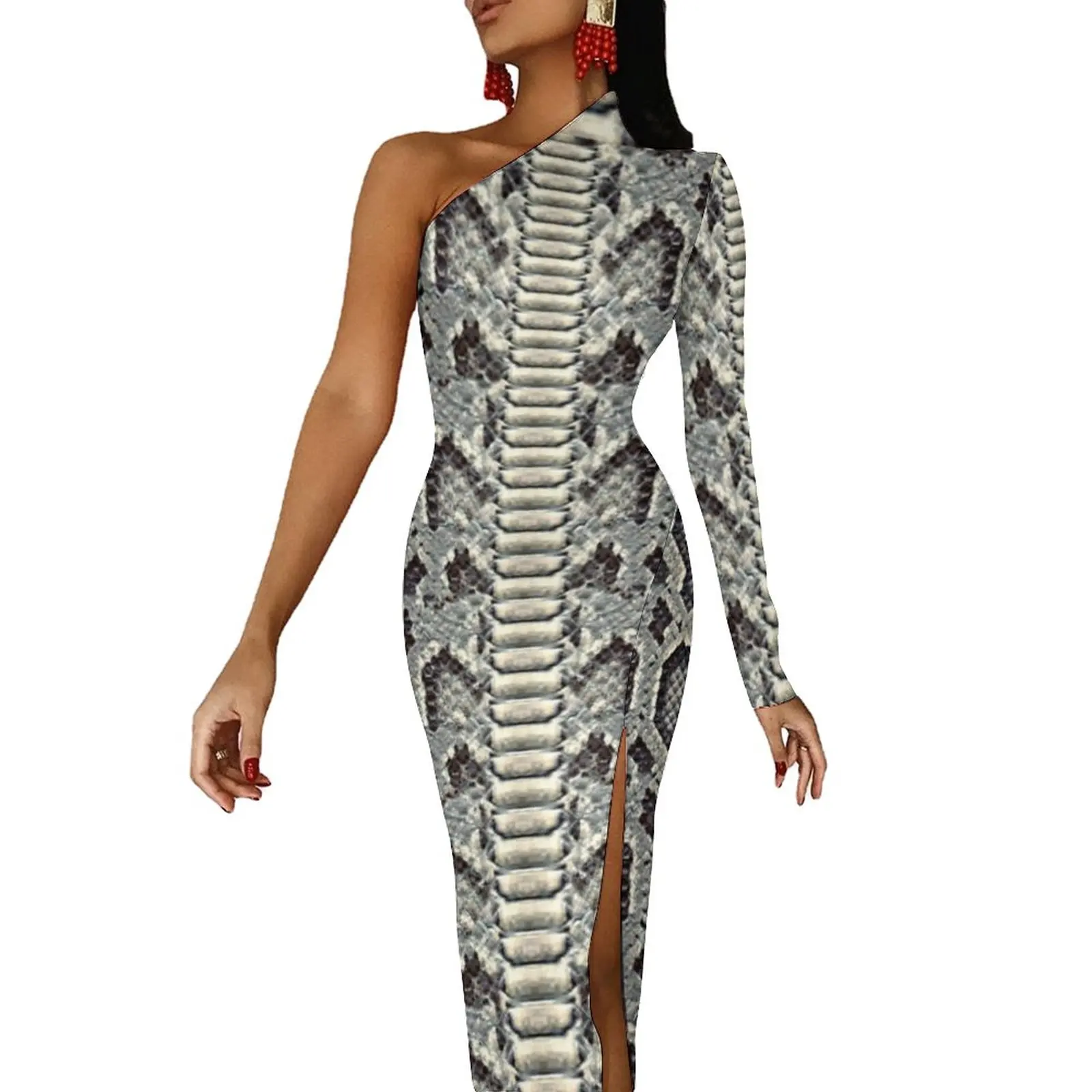 

Grey Snakeskin Long Dress Animal Print Party Maxi Dress Summer Long Sleeve Kawaii Bodycon Dresses Side Split Graphic Clothes