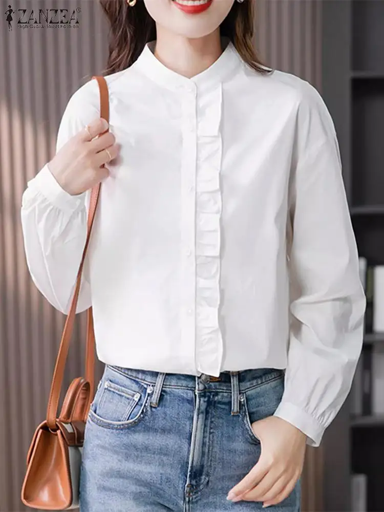 

Vintage Autumn Casual Elegant Shirt ZANZEA Fashion Women Long Sleeve Ruffles Blouse Solid Buttons Down Party Blusas Work Tops