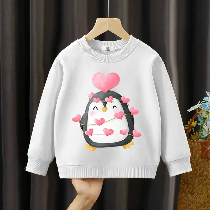 

Penguin Print Sweatshirts Kids Love Lamp String Hoodies Casual Fashion Children's Clothing Girls Boys Cartoon Animal Hoodies