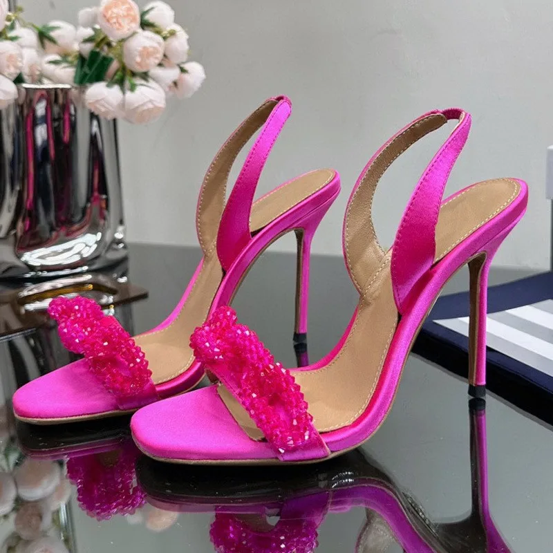 

2023 Summer New Women's Sandals Crystal Bead Chain Square Head Thin Heel Hollow Large Size Thin Heel Banquet High Heels