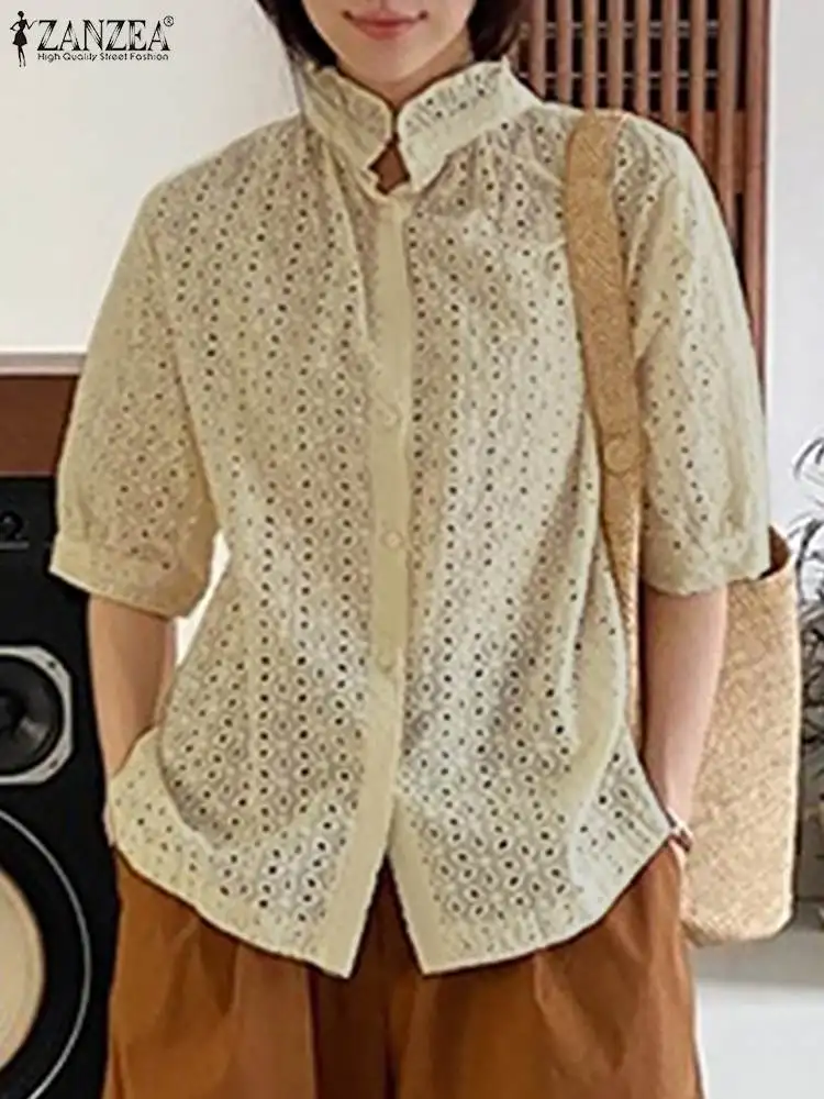 

Рубашка ZANZEA женская с коротким рукавом, винтажный топ с вырезами, повседневная однотонная блуза из хлопка на пуговицах, с воротником с оборк...
