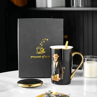 Household Ceramic Mug Black Spoon With Lid Couple Water Cup Office High-end Men's And Women's Cup Gift Box
