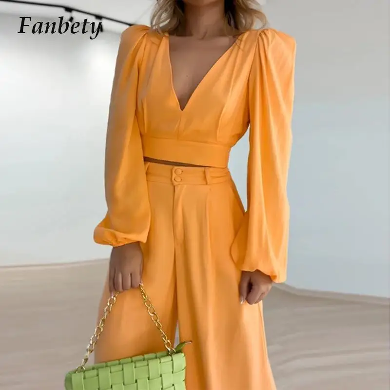 

Sexy Elegant V Neck Blouses Top+High Waist Wide Leg Pants Women Suits Commute Two Piece Set Ladies Backless Tie-Up Party Outfits