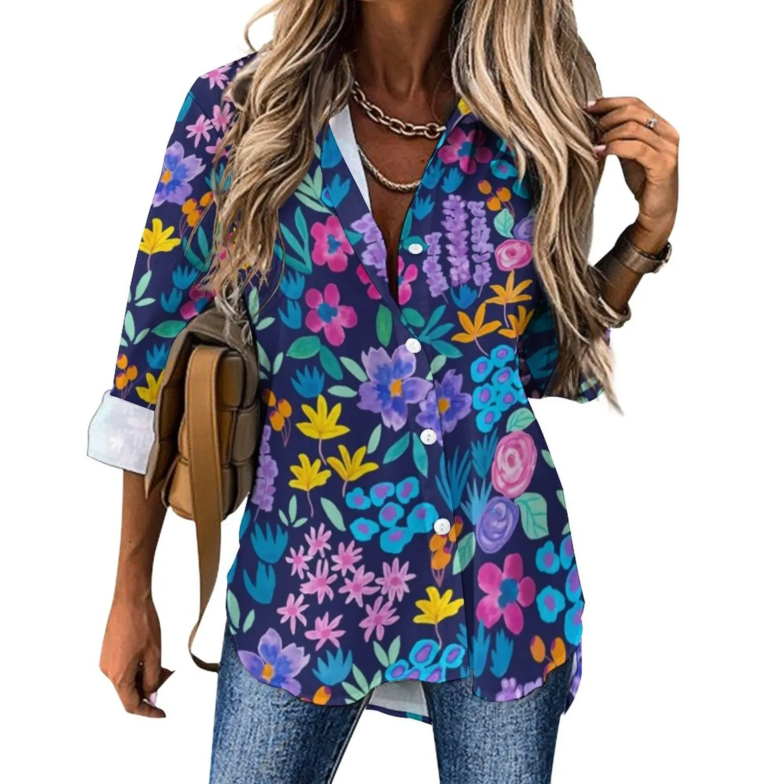 

Свободная блузка с яркими цветами, яркие повседневные женские винтажные рубашки с длинным рукавом, летний дизайнерский Топ