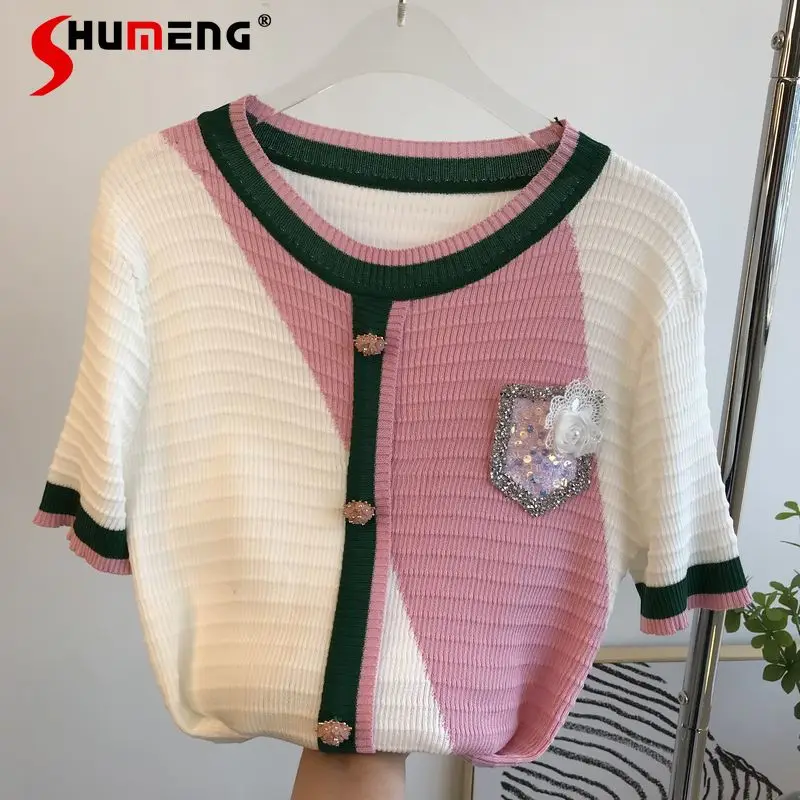 

2022 Summer New Ladies Fashion Sequined 3D Flower Knitted Top Women's Slim-Fit Ice Silk Colorblock Classic Style O-neck Sweater