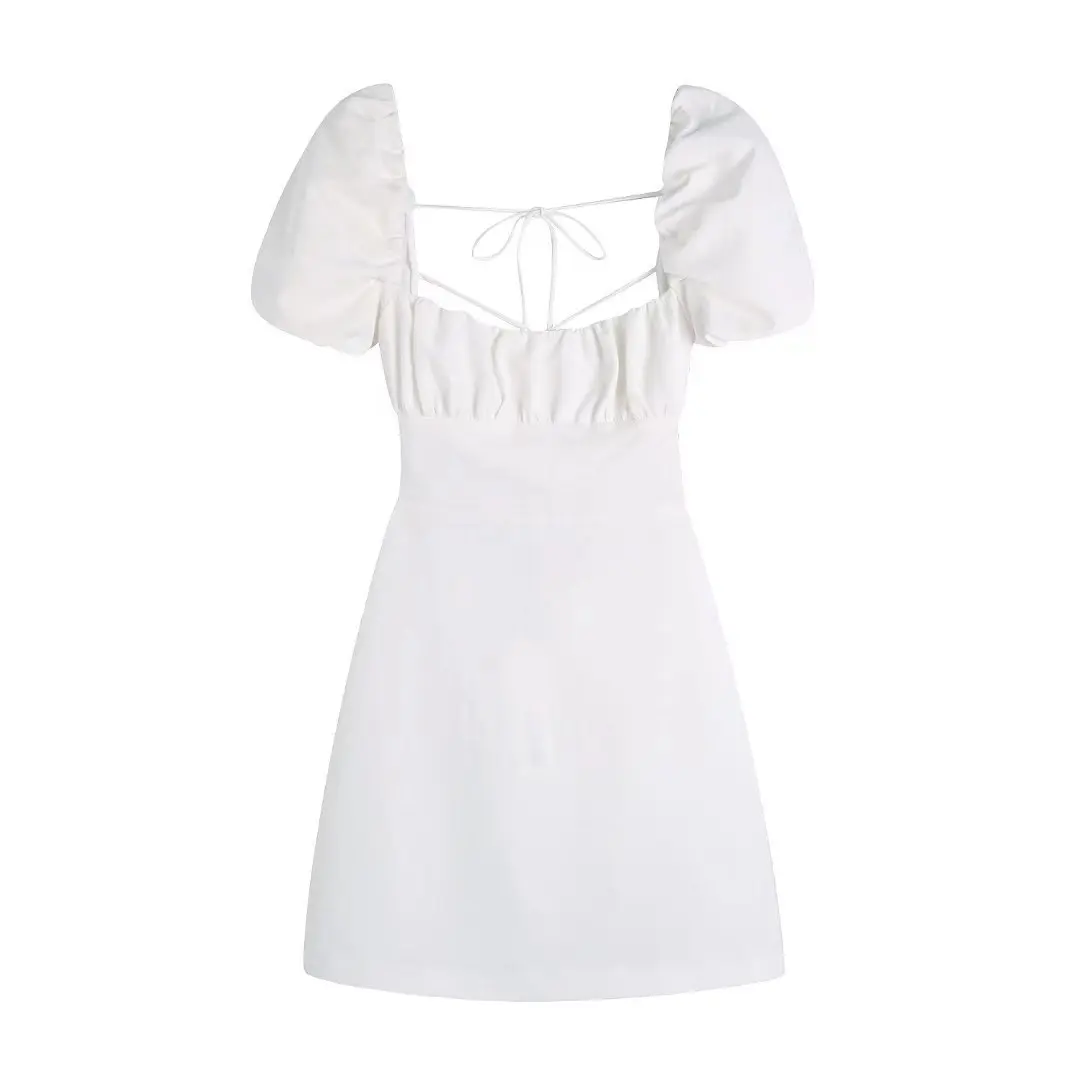 

women white fashion linen blend dress female square neck short puff sleeves backless crossover straps dress for women