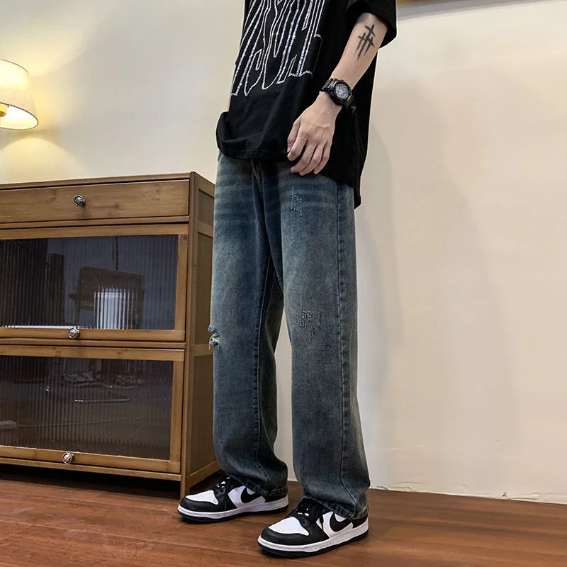 Summer Blue Ripped Jeans Men Fashion Casual Hole Baggy Jeans Men Streetwear Hip Hop Loose Straight Denim Pants Mens Trousers