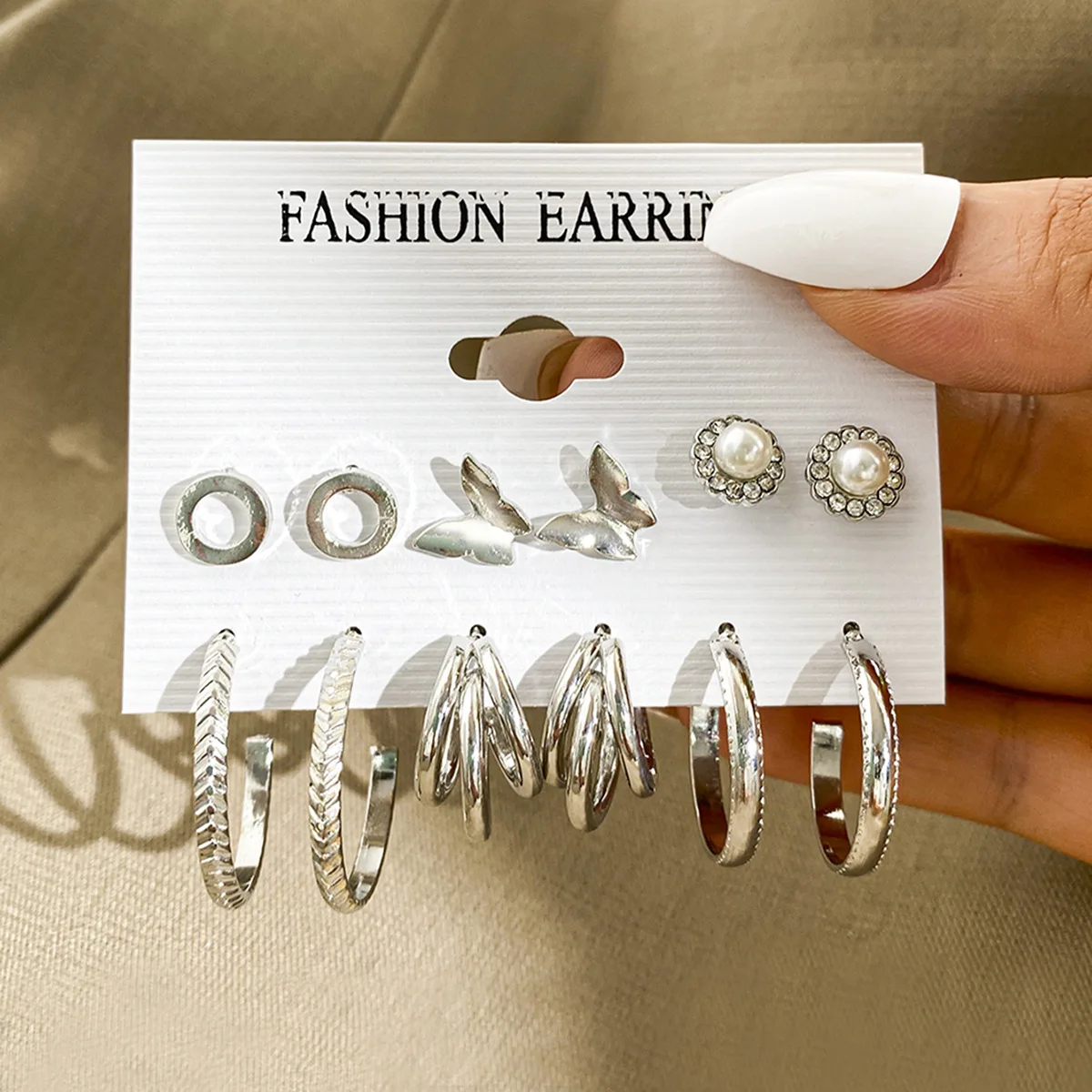 

Silver Vintage C Type Earring Set 6 Pairs Creative Metal Earrings Set with Diamond Pearl Butterfly Stud Earrings