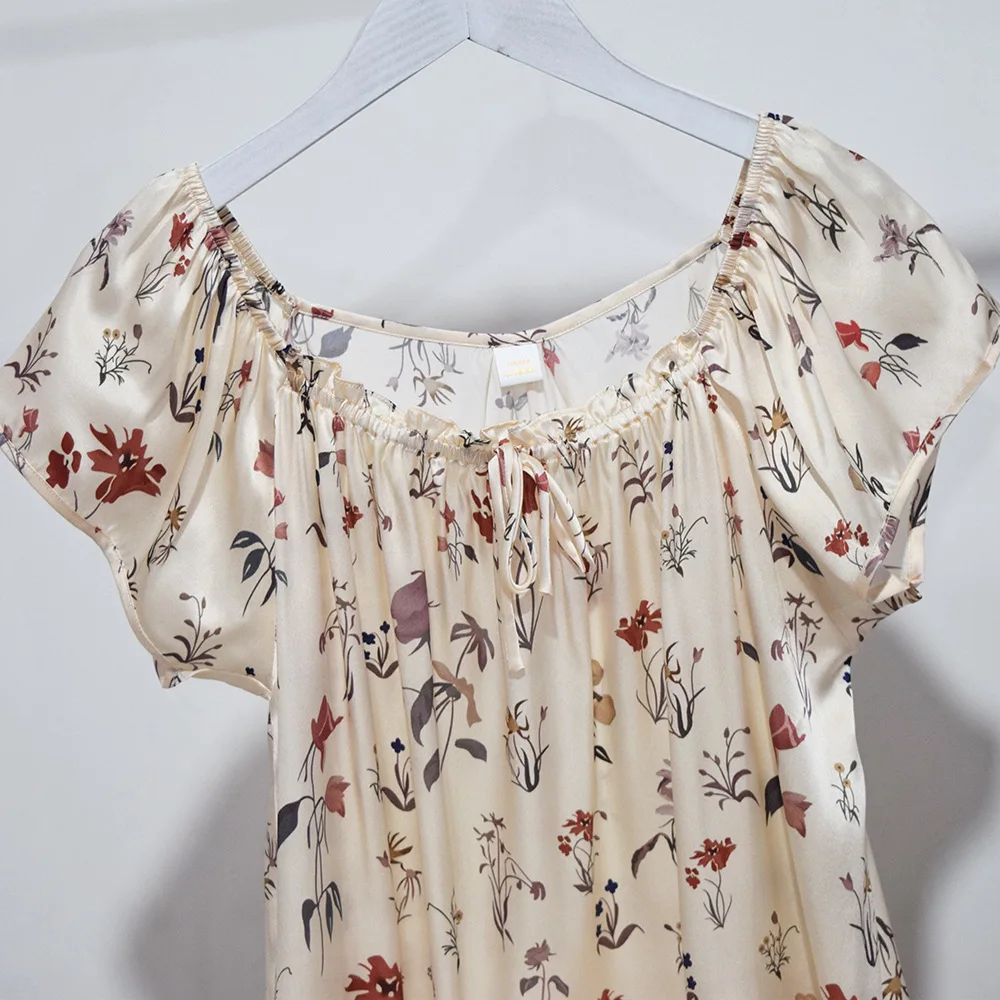 2022 New Silk Nightdress Large Loose Print Medium Skirt Home Clothes 100 Silk Princess Skirt Sexy Sleepwear  Victorian Dress