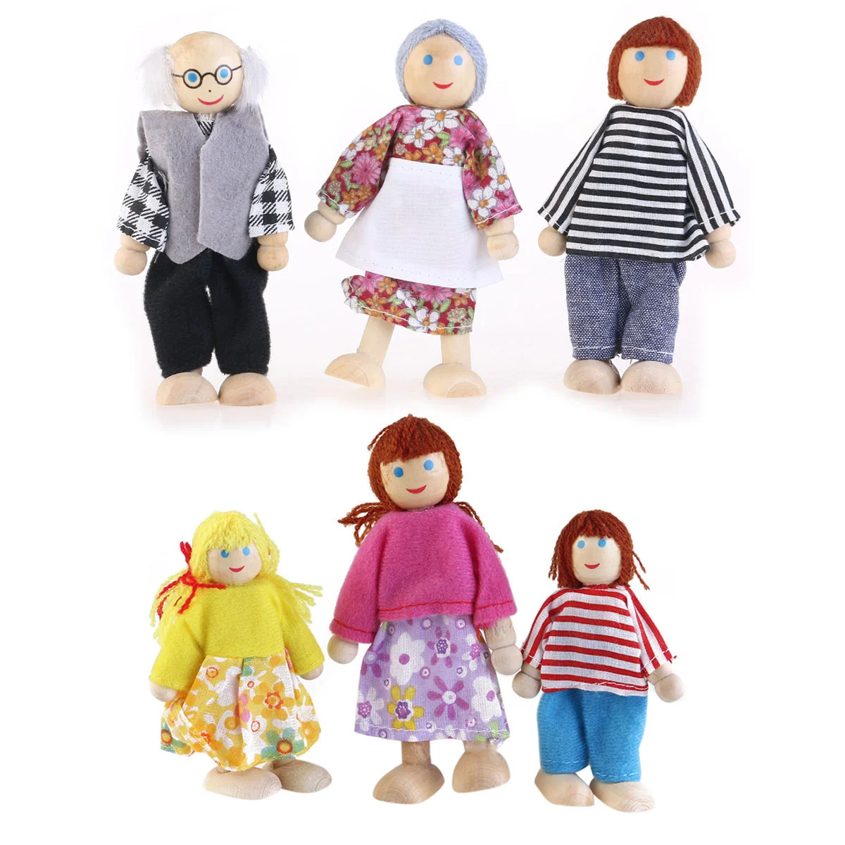 

6pcs Wooden Puppet Toys Cartoon Family Dolls for Children Gift (Random color)