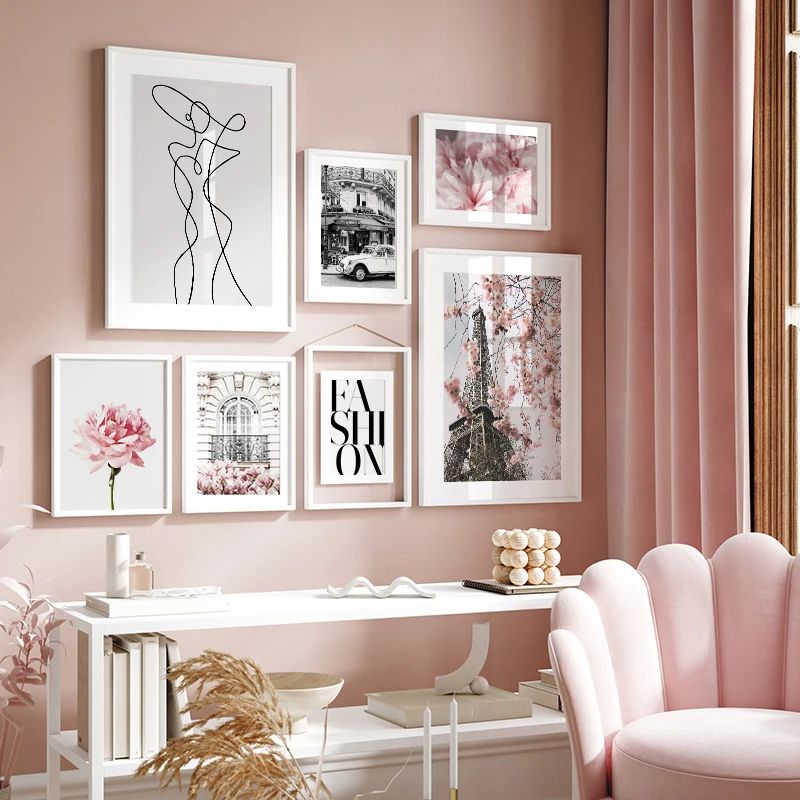 Скандинавская мода женская розовая Париж Сакура настенные художественные