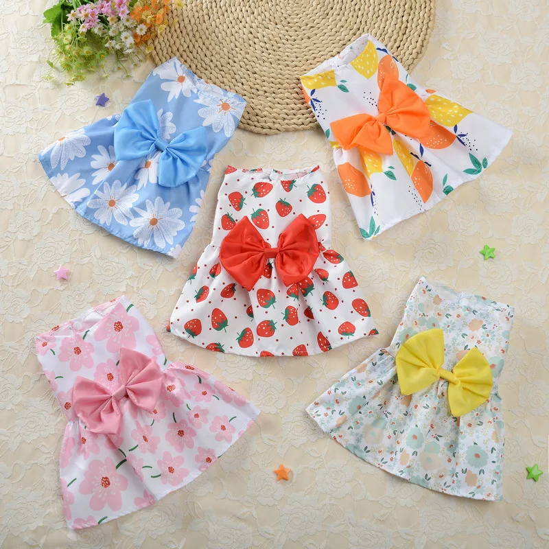 Summer Thin Small Dog Clothes Fresh Pet Princess Skirt Waist Bow Embellished Cute Floral Dress for Wedding Party Puppy Clothes